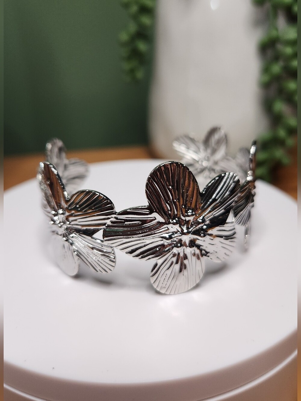 White Gold Plated Flower Cuff Bracelet, New